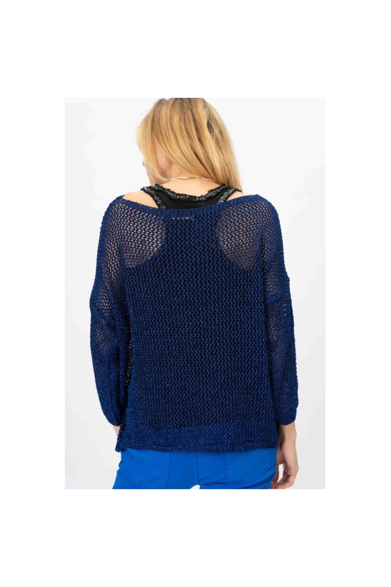 Look Mode's Open Knit Shimmer Sweater in Royal Blue-Sweaters-Look Mode-Deja Nu Boutique, Women's Fashion Boutique in Lampasas, Texas