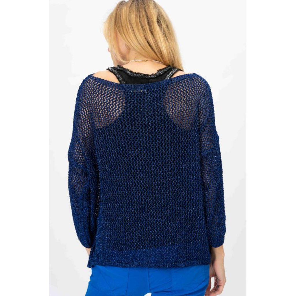 Look Mode's Open Knit Shimmer Sweater in Royal Blue-Sweaters-Look Mode-Deja Nu Boutique, Women's Fashion Boutique in Lampasas, Texas