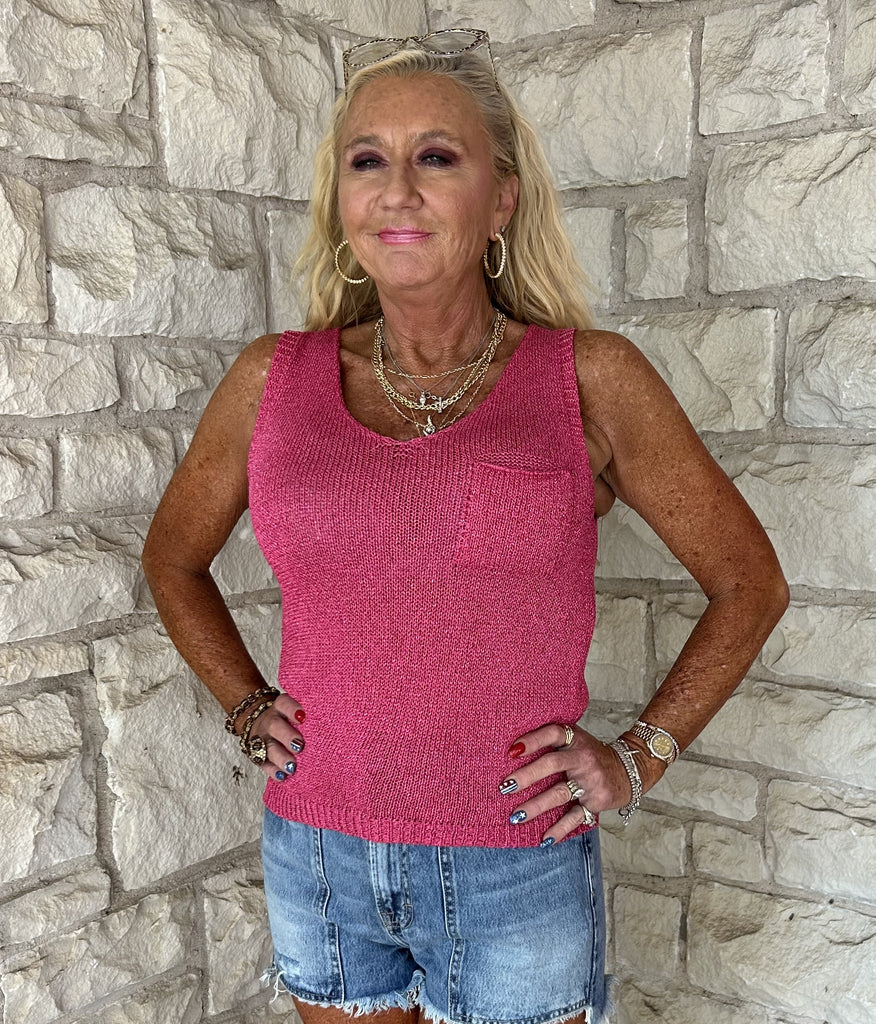 Look Modes Metallic Shimmer Knitted Tank With V-Neckline And Chest Pocket In Fuchsia-Camis/Tanks-Look Mode-Deja Nu Boutique, Women's Fashion Boutique in Lampasas, Texas