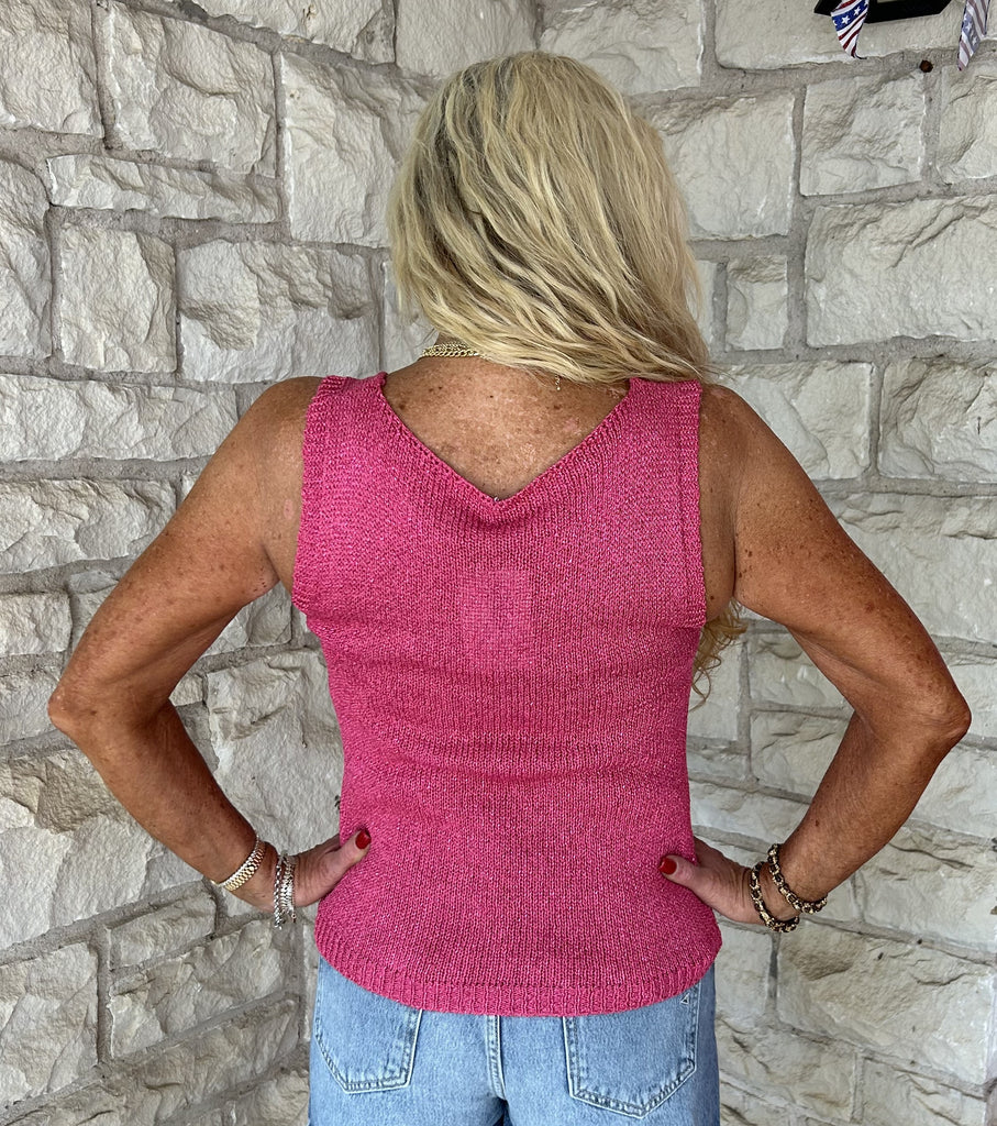Look Modes Metallic Shimmer Knitted Tank With V-Neckline And Chest Pocket In Fuchsia-Camis/Tanks-Look Mode-Deja Nu Boutique, Women's Fashion Boutique in Lampasas, Texas
