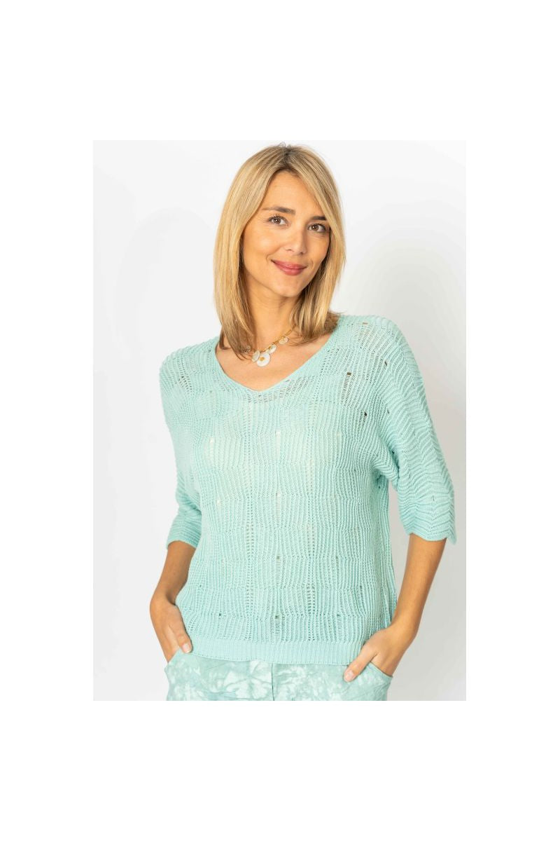 Look Mood Chic Breeze Aqua V Neck Open Weave Sweater-Tops-Look Mode-Deja Nu Boutique, Women's Fashion Boutique in Lampasas, Texas