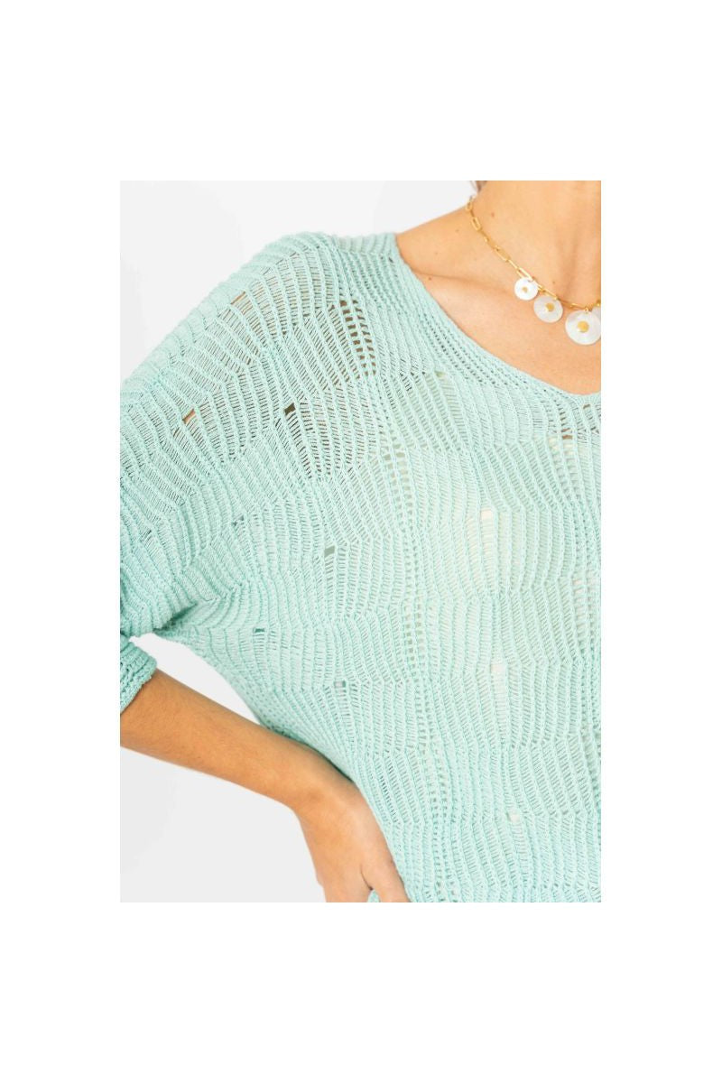 Look Mood Chic Breeze Aqua V Neck Open Weave Sweater-Tops-Look Mode-Deja Nu Boutique, Women's Fashion Boutique in Lampasas, Texas