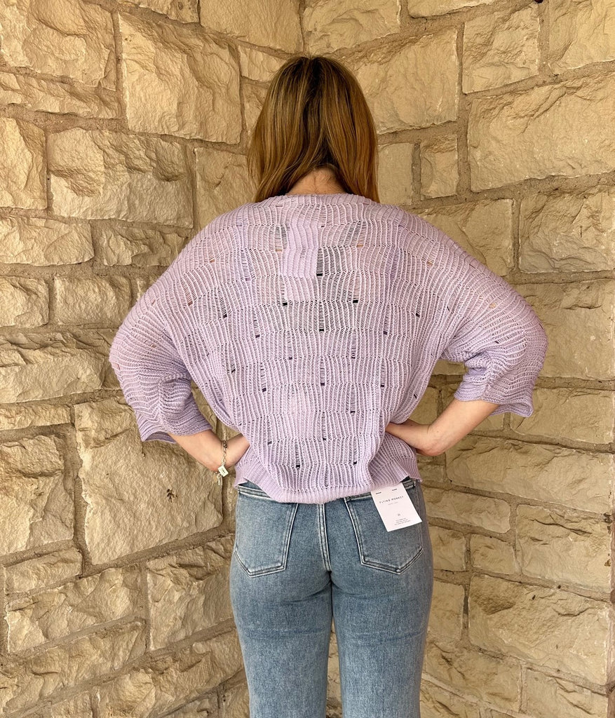 Look Mood Lilac Loom V Neck Open Weave Sweater-Tops-Look Mode-Deja Nu Boutique, Women's Fashion Boutique in Lampasas, Texas