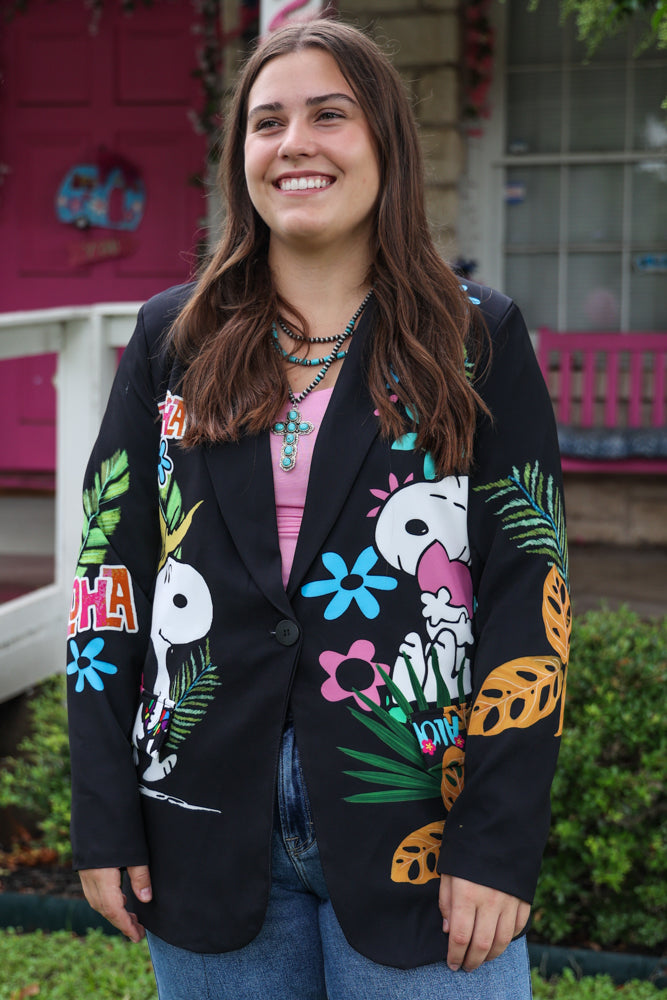 Look Mode Black Snoopy In Hawaii Printed Blazer-Blazers-Look Mode-Deja Nu Boutique, Women's Fashion Boutique in Lampasas, Texas