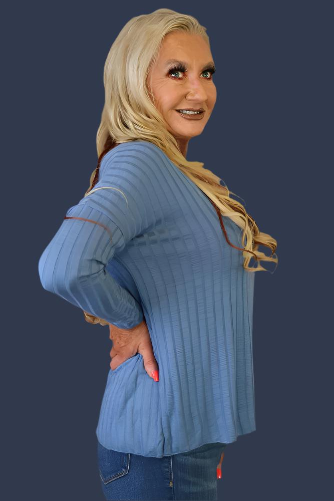 Look Mode Oversized Ribbed Top In Blue Jean-Sweaters-Look Mode-Deja Nu Boutique, Women's Fashion Boutique in Lampasas, Texas