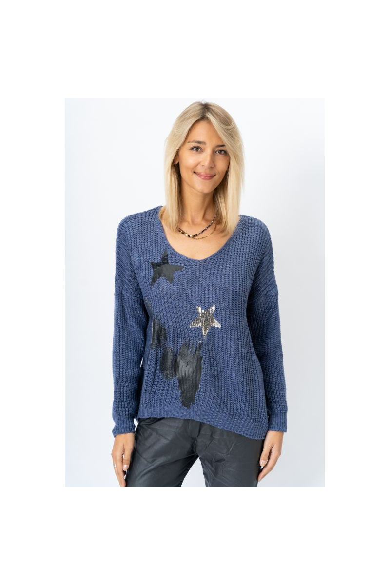 Look Mode Star & Paint Stripe Sweater In Denim-Sweaters-Look Mode-Deja Nu Boutique, Women's Fashion Boutique in Lampasas, Texas