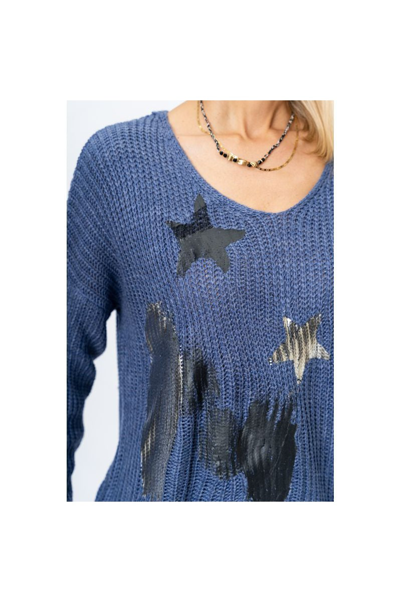 Look Mode Star & Paint Stripe Sweater In Denim-Sweaters-Look Mode-Deja Nu Boutique, Women's Fashion Boutique in Lampasas, Texas