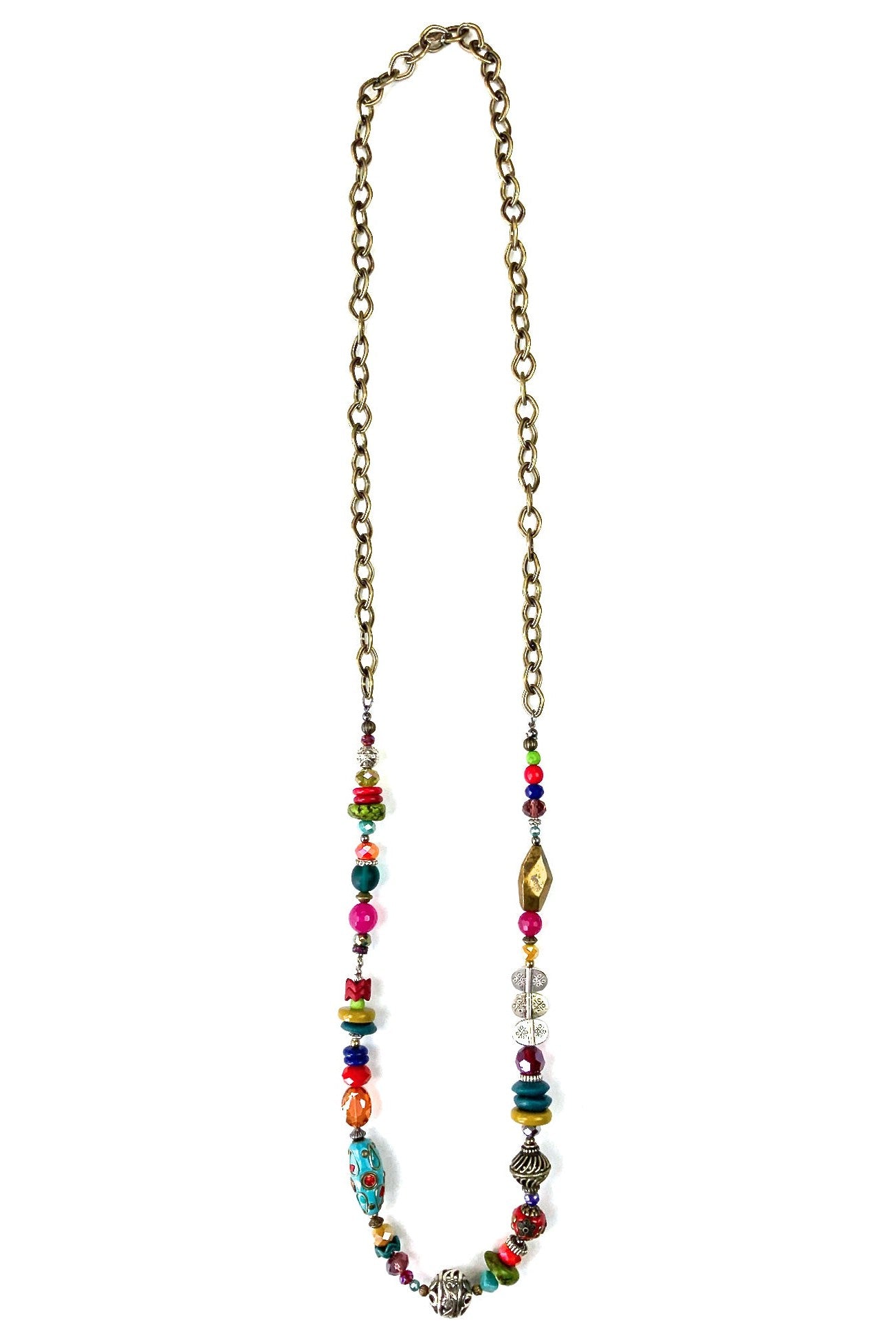 Lost And Found Long Bronze Colorful Beaded Necklace-Necklaces-Lost And Found-Deja Nu Boutique, Women's Fashion Boutique in Lampasas, Texas