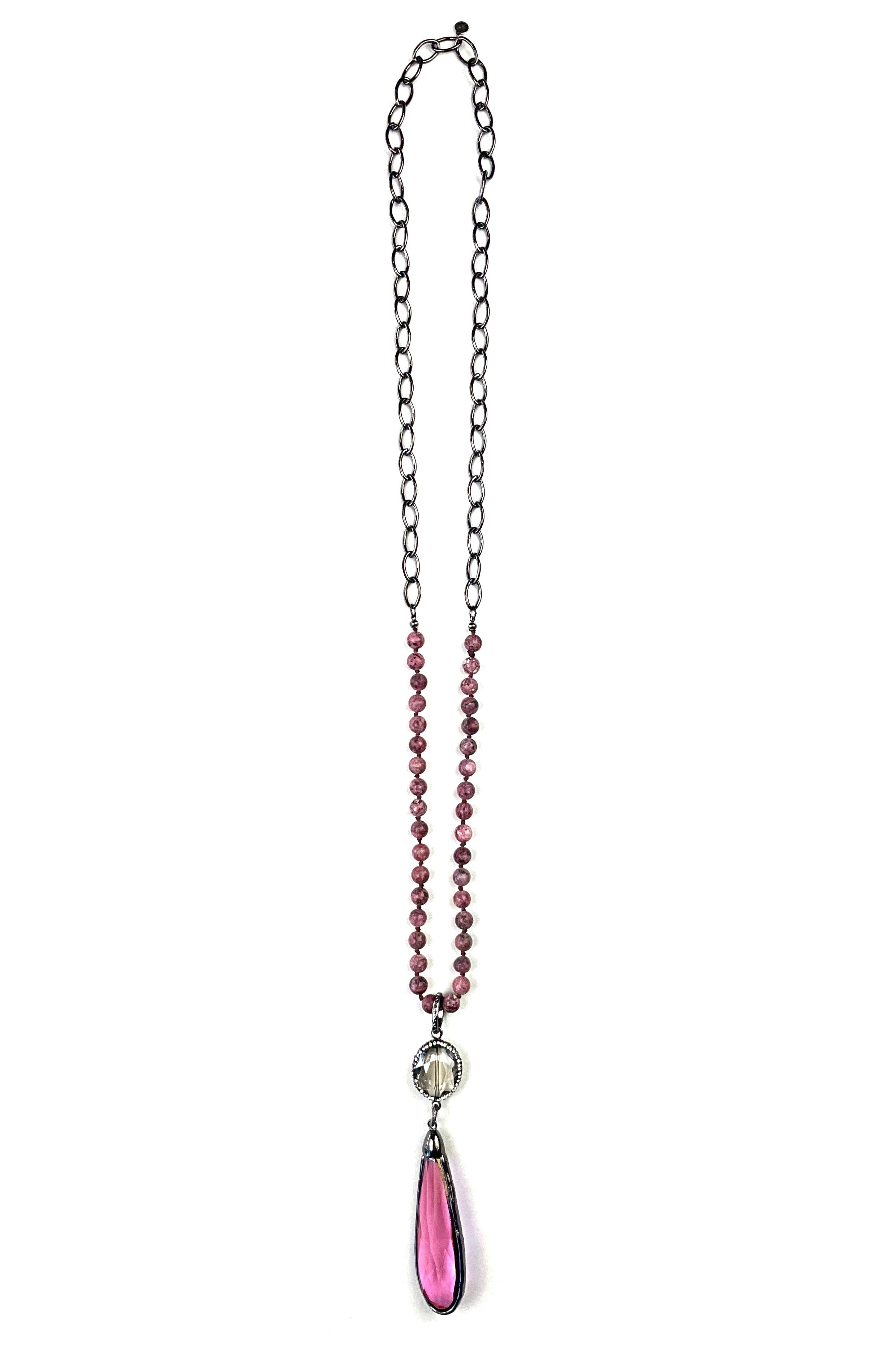 Lost And Found Pink Knotted Stones On Chain With Glass Tear And Bling Pendant-Necklaces-Lost And Found-Deja Nu Boutique, Women's Fashion Boutique in Lampasas, Texas