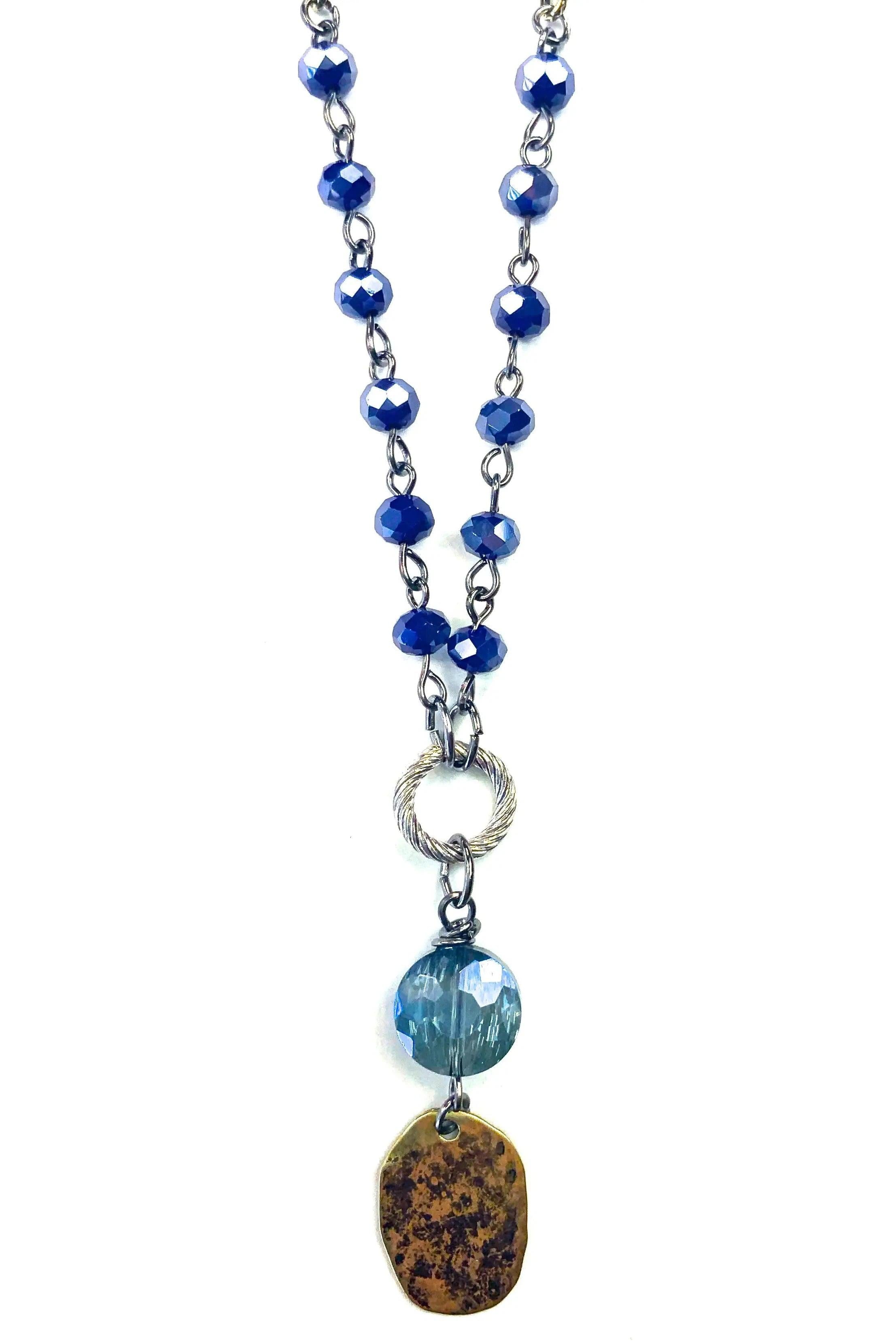 Lost And Found Short Navy Rosaries Dangle Gold Disc And Crystal Charm-Necklaces-Lost And Found-Deja Nu Boutique, Women's Fashion Boutique in Lampasas, Texas
