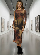 Lost + Wander Luminous Shadow Power Mesh Midi Dress in Brown Multi-Dresses-Lost + Wander-Deja Nu Boutique, Women's Fashion Boutique in Lampasas, Texas