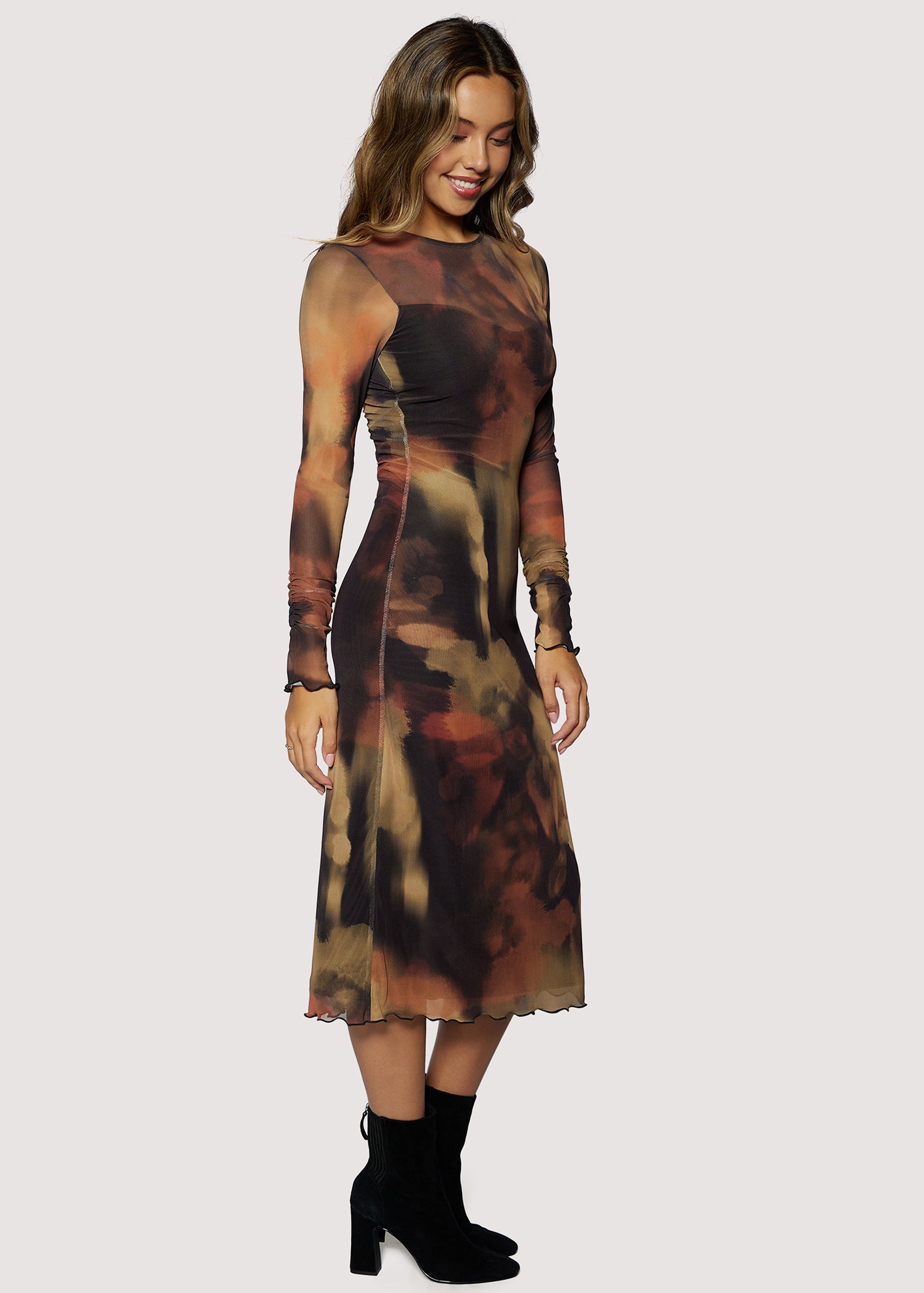 Lost + Wander Luminous Shadow Power Mesh Midi Dress in Brown Multi-Dresses-Lost + Wander-Deja Nu Boutique, Women's Fashion Boutique in Lampasas, Texas