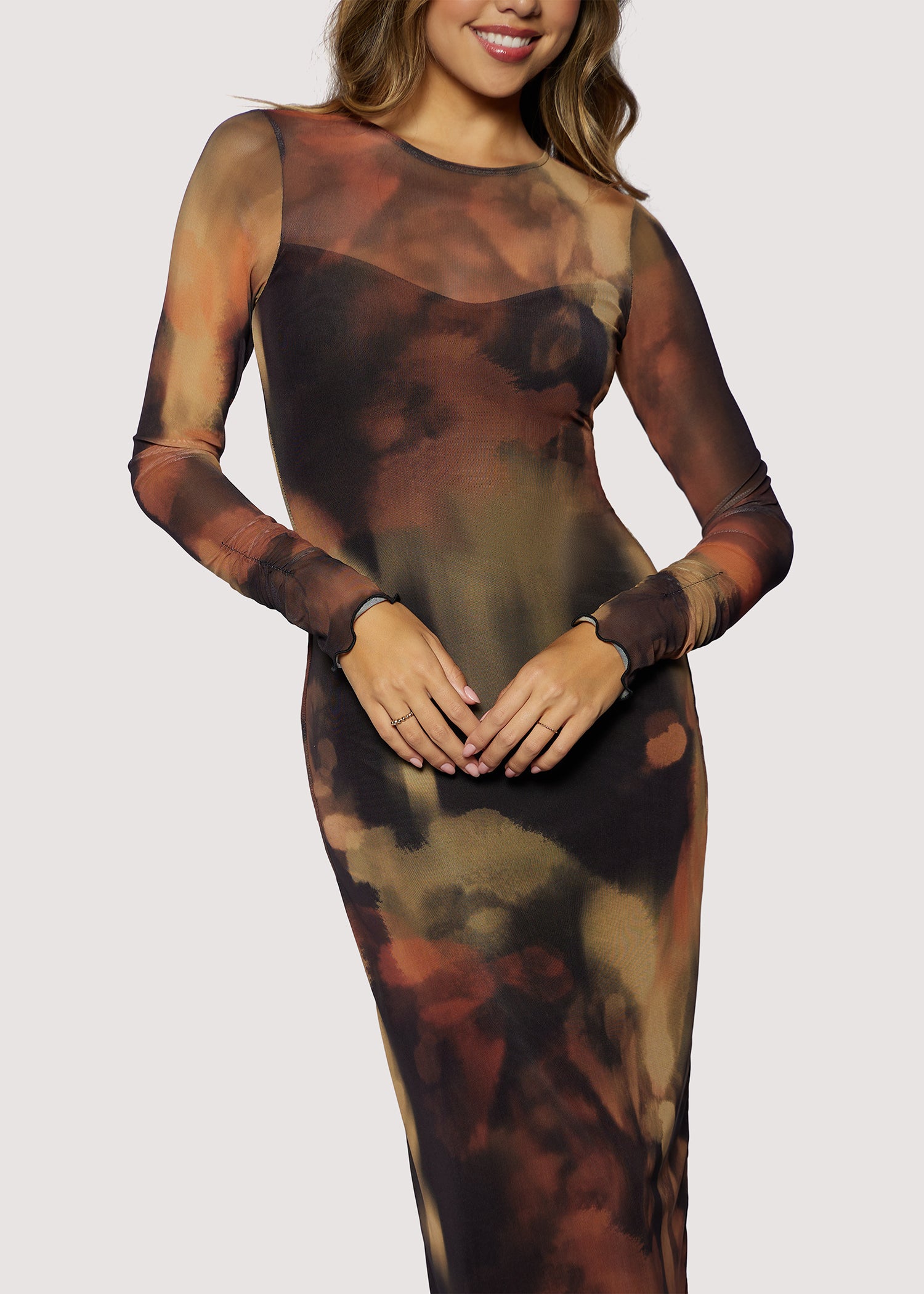 Lost + Wander Luminous Shadow Power Mesh Midi Dress in Brown Multi-Dresses-Lost + Wander-Deja Nu Boutique, Women's Fashion Boutique in Lampasas, Texas