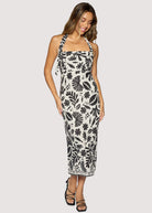 Lost + Wander Tropical Bliss Midi Dress in Off White & Black-Midi Dresses-Lost + Wander-Deja Nu Boutique, Women's Fashion Boutique in Lampasas, Texas