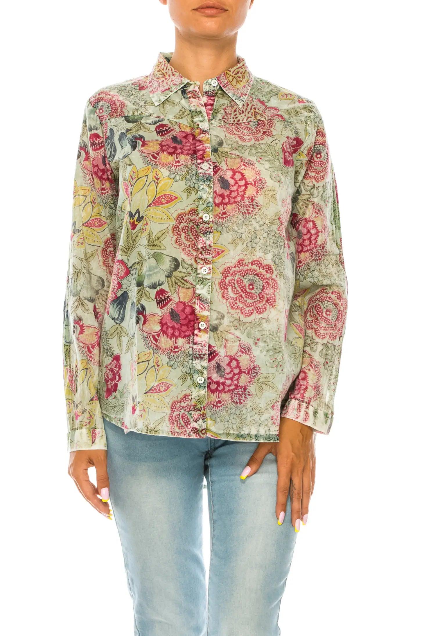 Magazine Clothing Basil Floral Printed Green Button-Down Shirt With Vintage Wash-Tops-Magazine Clothing-Deja Nu Boutique, Women's Fashion Boutique in Lampasas, Texas