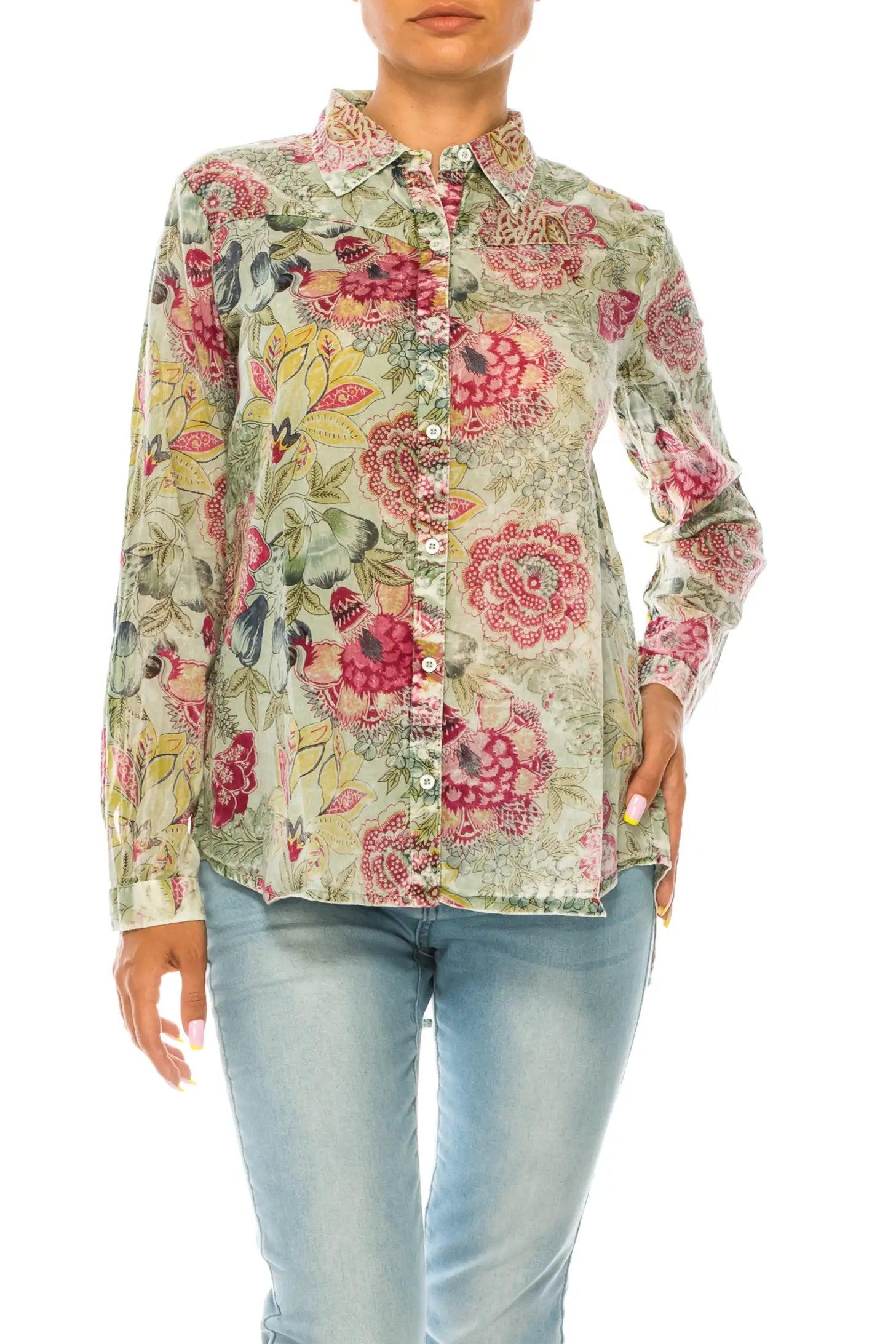 Magazine Clothing Basil Floral Printed Green Button-Down Shirt With Vintage Wash-Tops-Magazine Clothing-Deja Nu Boutique, Women's Fashion Boutique in Lampasas, Texas