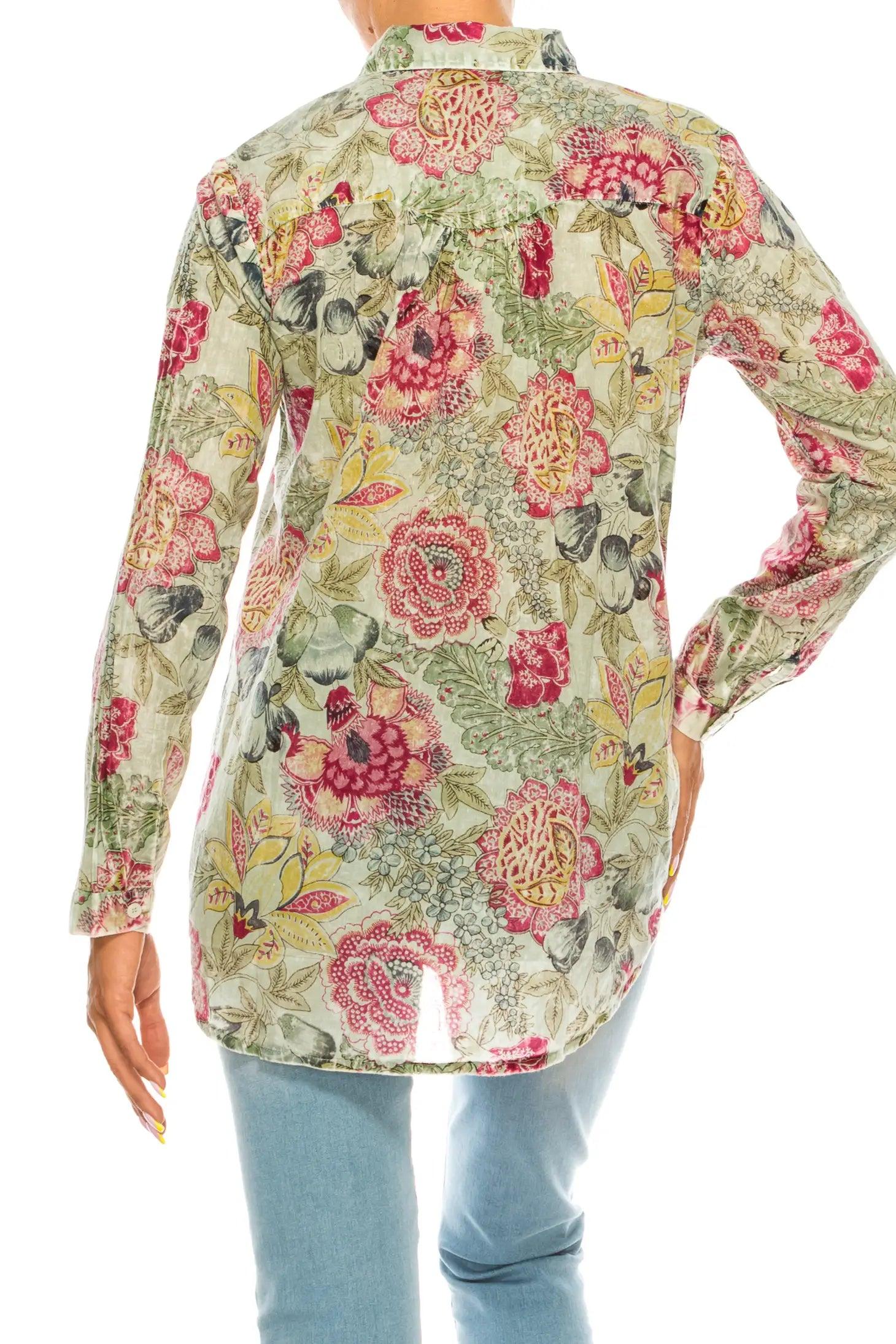 Magazine Clothing Basil Floral Printed Green Button-Down Shirt With Vintage Wash-Tops-Magazine Clothing-Deja Nu Boutique, Women's Fashion Boutique in Lampasas, Texas