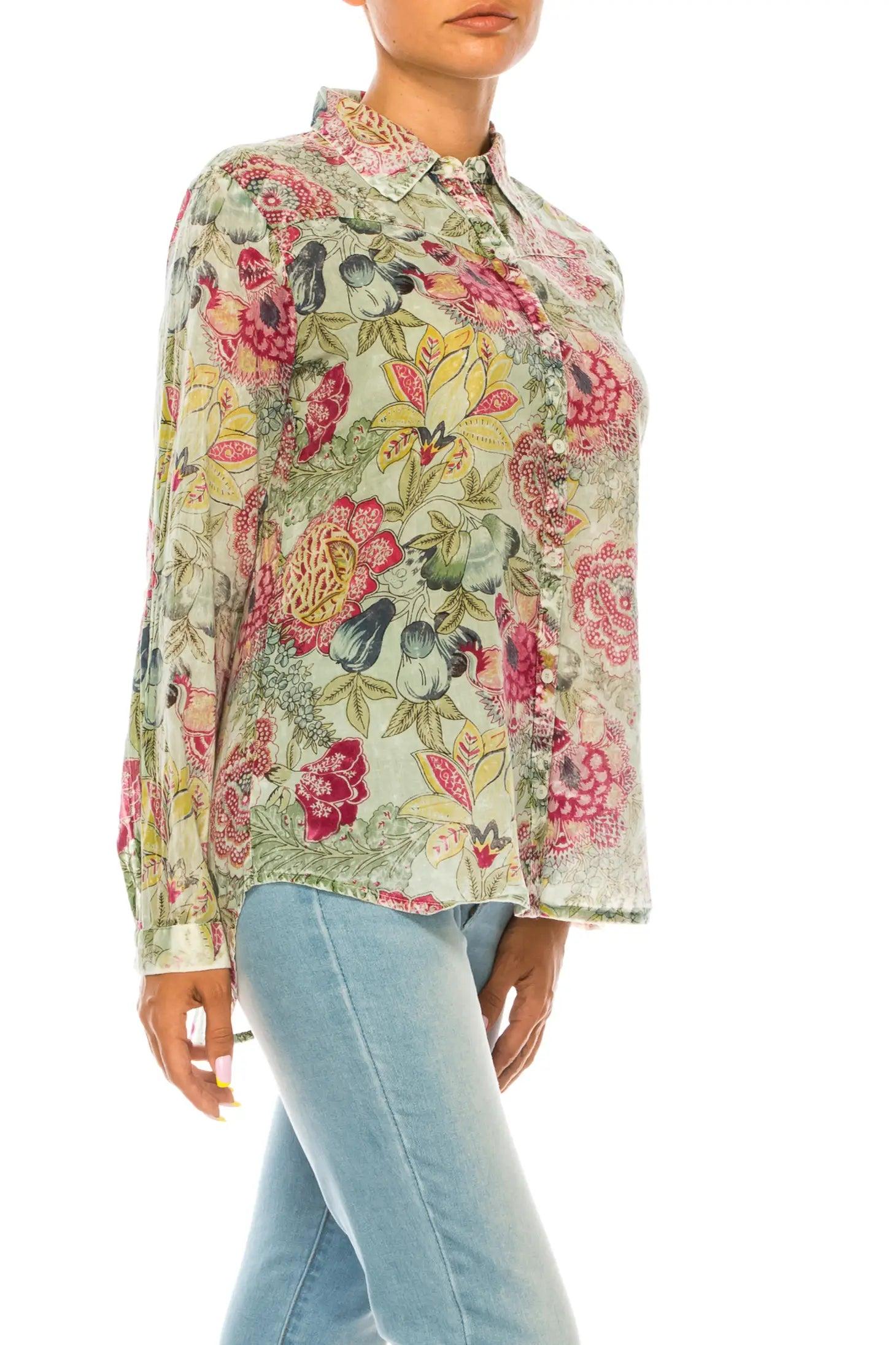 Magazine Clothing Basil Floral Printed Green Button-Down Shirt With Vintage Wash-Tops-Magazine Clothing-Deja Nu Boutique, Women's Fashion Boutique in Lampasas, Texas