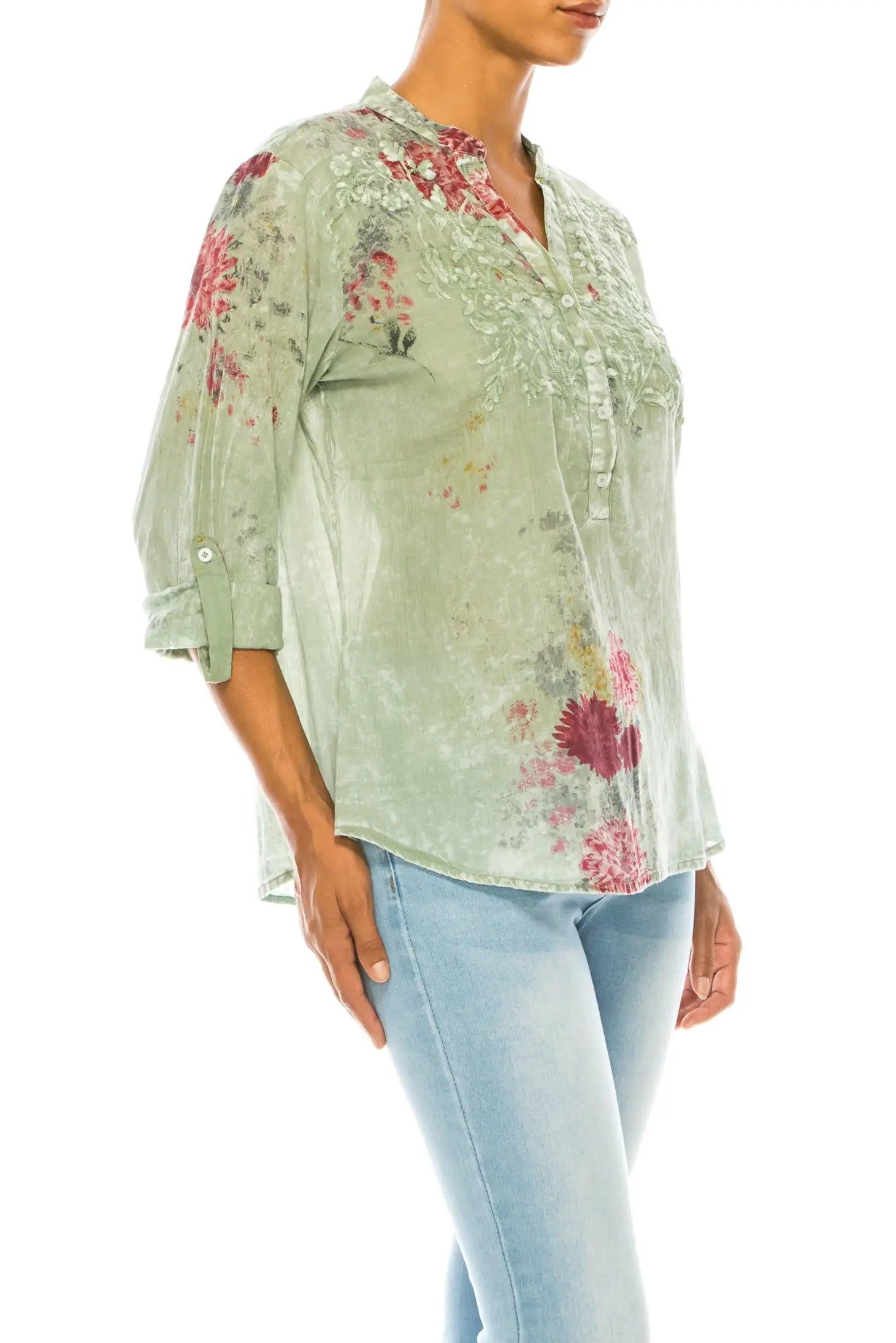 Magazine Clothing Vintage Light Green Basil Floral Printed Tunic with Embroidery-Tunics-Magazine Clothing-Deja Nu Boutique, Women's Fashion Boutique in Lampasas, Texas