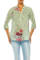 Magazine Clothing Vintage Light Green Basil Floral Printed Tunic with Embroidery-Tunics-Magazine Clothing-Deja Nu Boutique, Women's Fashion Boutique in Lampasas, Texas