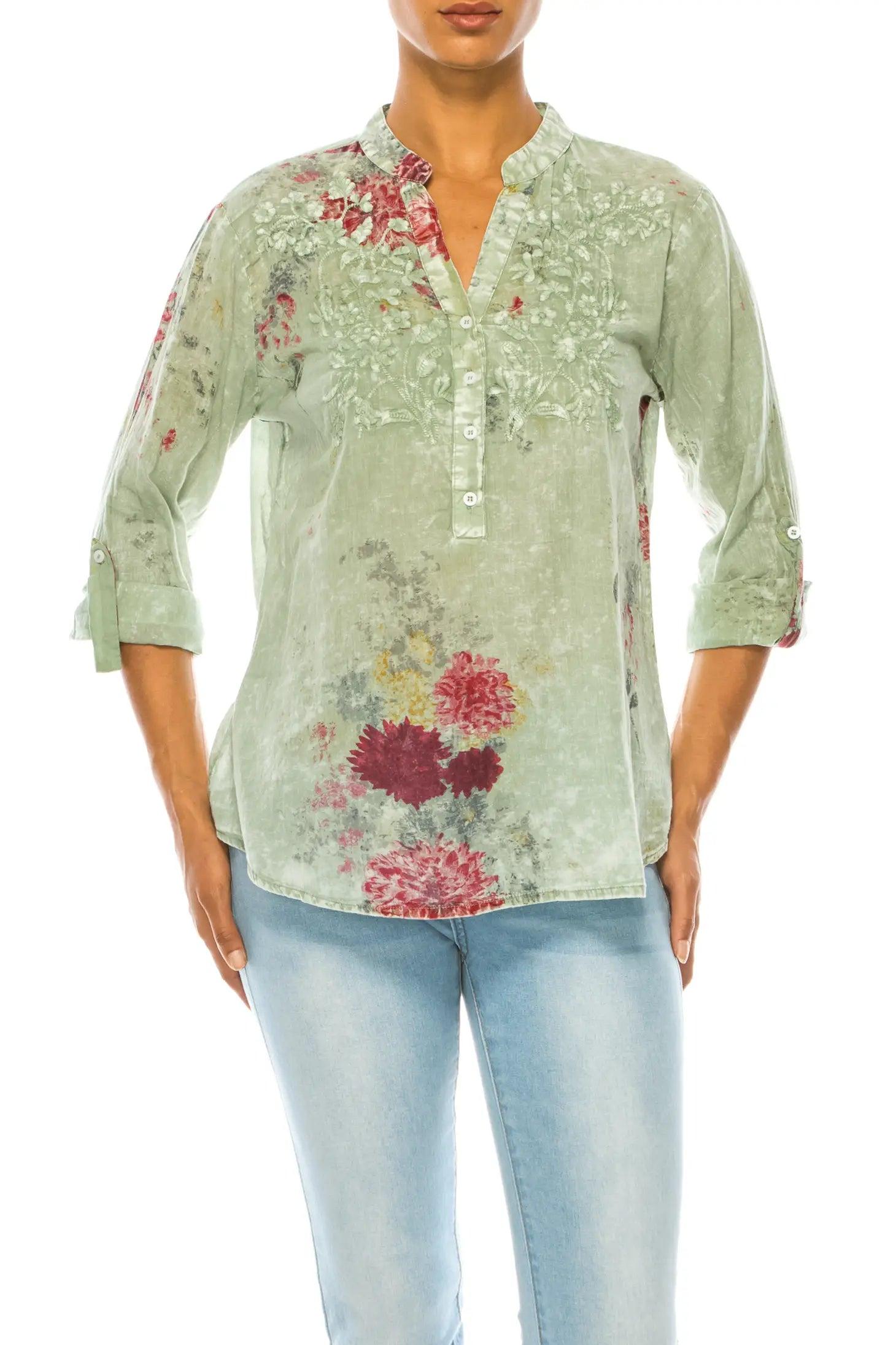 Magazine Clothing Vintage Light Green Basil Floral Printed Tunic with Embroidery-Tunics-Magazine Clothing-Deja Nu Boutique, Women's Fashion Boutique in Lampasas, Texas