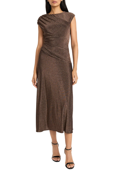 Maggy London Cap Sleeve Metallic Midi Dress In Copper – Deja Nu Tx