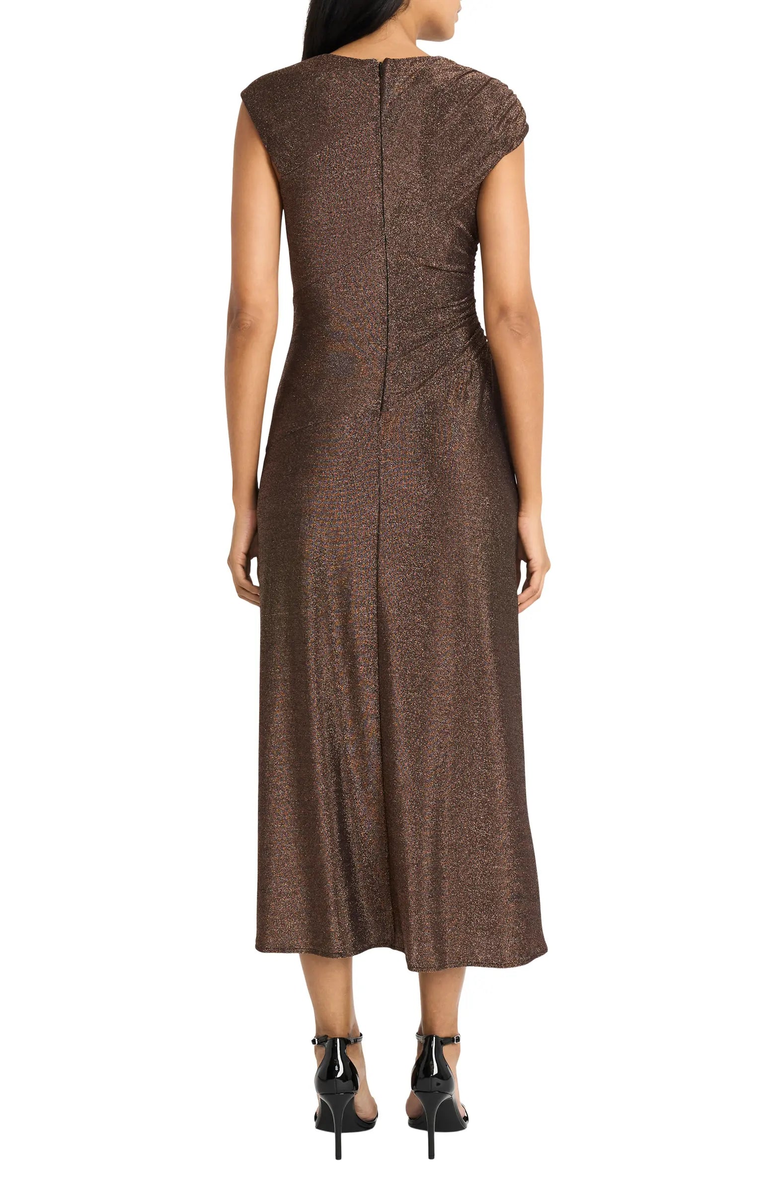 Maggy London Cap Sleeve Metallic Midi Dress In Copper-Midi Dresses-Maggy London-Deja Nu Boutique, Women's Fashion Boutique in Lampasas, Texas