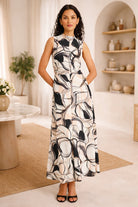 Maggy London Mock Neck Sleeveless Maxi Dress in Ivory Mocha-Maxi Dresses-Maggy London-Deja Nu Boutique, Women's Fashion Boutique in Lampasas, Texas