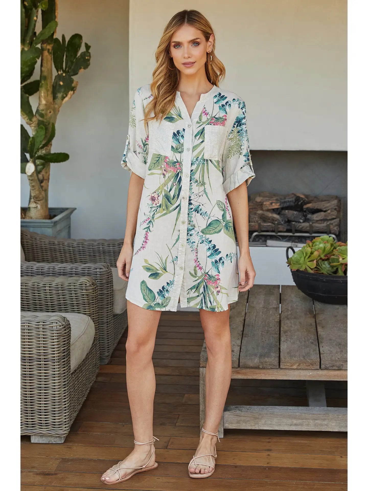 Milio Milano Sophisticated Elegance Italian Linen Botanical Print Button-down Dress With Sequin Pockets-Dresses-Milio Milano-Deja Nu Boutique, Women's Fashion Boutique in Lampasas, Texas