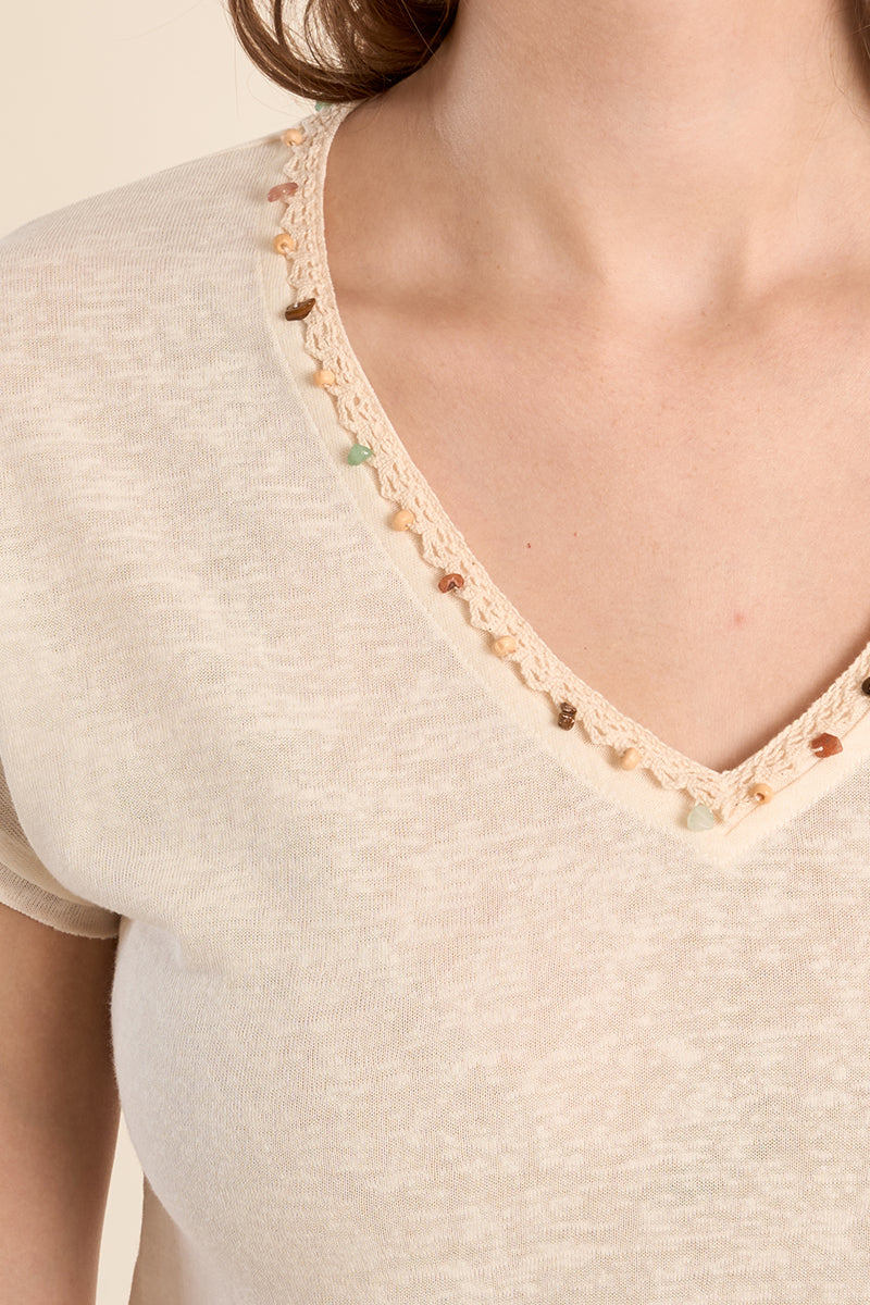 Molly Bracken Beaded Trim V-Neck Knit Tee in Off White-T-Shirts-Molly Bracken-Deja Nu Boutique, Women's Fashion Boutique in Lampasas, Texas