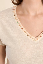 Molly Bracken Beaded Trim V-Neck Knit Tee in Off White-T-Shirts-Molly Bracken-Deja Nu Boutique, Women's Fashion Boutique in Lampasas, Texas