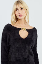 Molly Bracken Black Fuzzy Sweater with Gold Chain Detail-Sweaters-Molly Bracken-Deja Nu Boutique, Women's Fashion Boutique in Lampasas, Texas