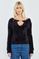 Molly Bracken Black Fuzzy Sweater with Gold Chain Detail-Sweaters-Molly Bracken-Deja Nu Boutique, Women's Fashion Boutique in Lampasas, Texas