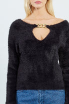 Molly Bracken Black Fuzzy Sweater with Gold Chain Detail-Sweaters-Molly Bracken-Deja Nu Boutique, Women's Fashion Boutique in Lampasas, Texas
