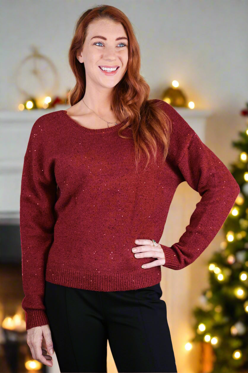 Molly Bracken Dark Red Bow Back Sweater-Sweaters-Molly Bracken-Deja Nu Boutique, Women's Fashion Boutique in Lampasas, Texas