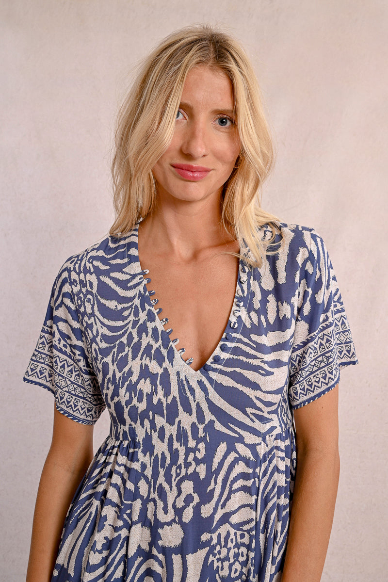 Molly Bracken Denim Blue Maggy Dress – Boho Chic with Delicate Button Detail-Midi Dresses-Molly Bracken-Deja Nu Boutique, Women's Fashion Boutique in Lampasas, Texas