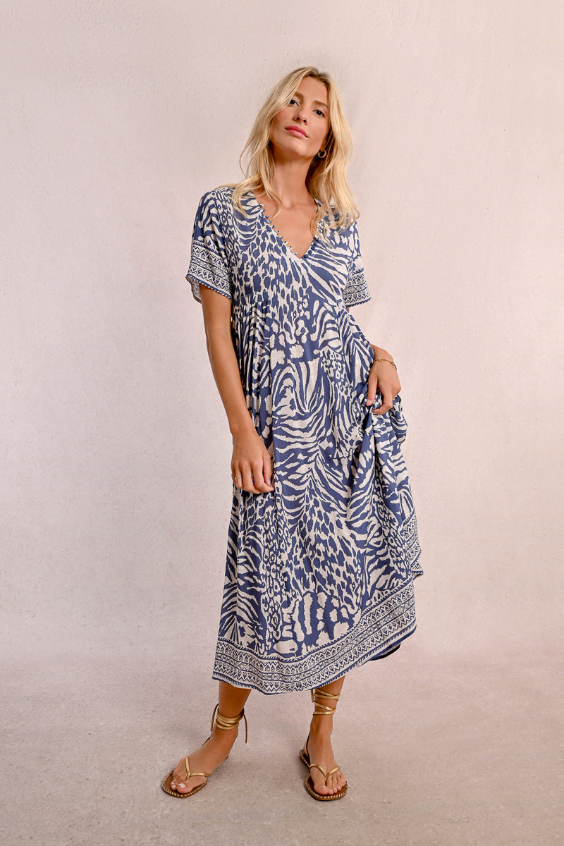 Molly Bracken Denim Blue Maggy Dress – Boho Chic with Delicate Button Detail-Midi Dresses-Molly Bracken-Deja Nu Boutique, Women's Fashion Boutique in Lampasas, Texas