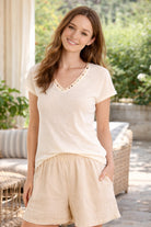 Molly Bracken Beaded Trim V-Neck Knit Tee in Off White-T-Shirts-Molly Bracken-Deja Nu Boutique, Women's Fashion Boutique in Lampasas, Texas