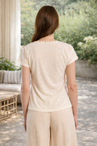 Molly Bracken Beaded Trim V-Neck Knit Tee in Off White-T-Shirts-Molly Bracken-Deja Nu Boutique, Women's Fashion Boutique in Lampasas, Texas