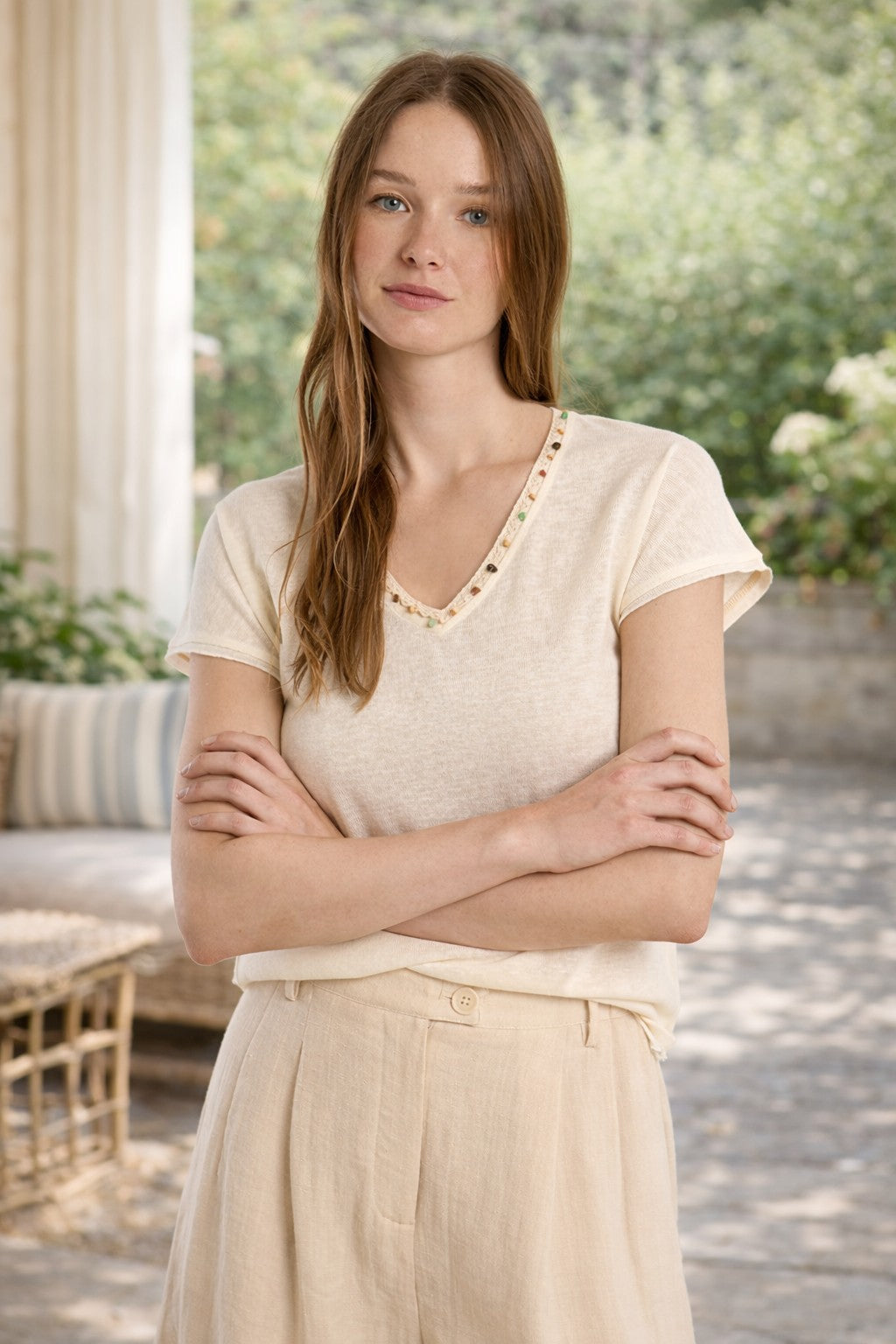 Molly Bracken Beaded Trim V-Neck Knit Tee in Off White-T-Shirts-Molly Bracken-Deja Nu Boutique, Women's Fashion Boutique in Lampasas, Texas