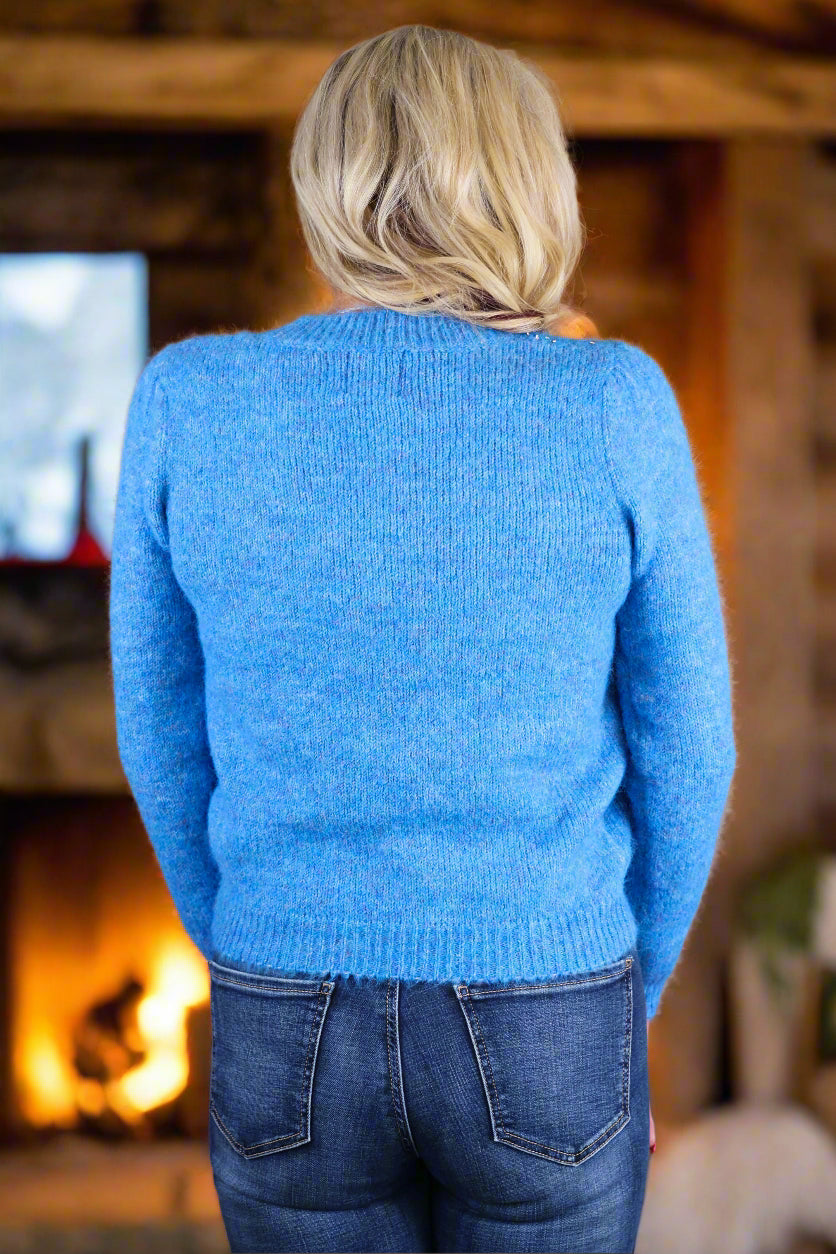 Molly Bracken Blue Rhinestone Embellished Sweater-Sweaters-Molly Bracken-Deja Nu Boutique, Women's Fashion Boutique in Lampasas, Texas