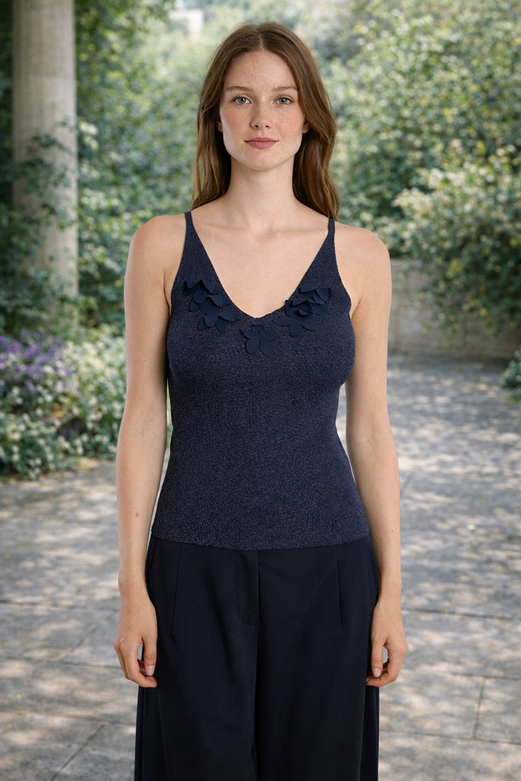 Molly Bracken Navy Floral Appliqué Knit Tank-Camis/Tanks-Molly Bracken-Deja Nu Boutique, Women's Fashion Boutique in Lampasas, Texas