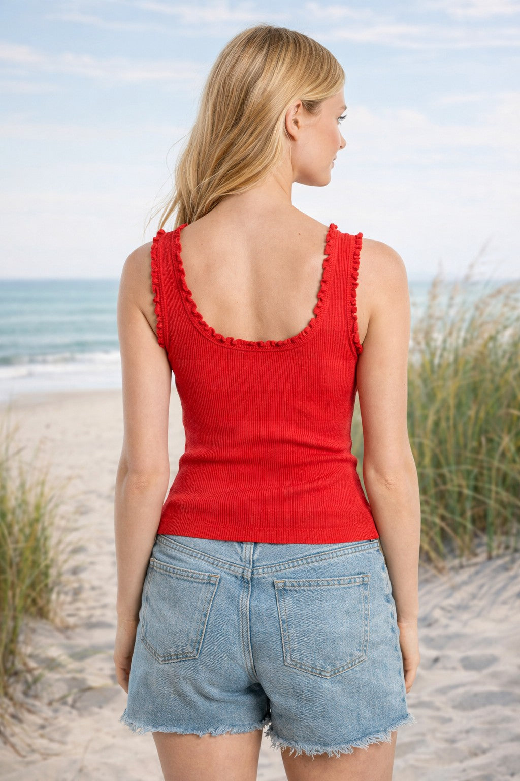 Molly Bracken Red Ruffle Trim Knit Tank Top-Camis/Tanks-Molly Bracken-Deja Nu Boutique, Women's Fashion Boutique in Lampasas, Texas