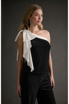 Muse for Maggy London One Shoulder Velvet Top with Satin Draped Bow in Black & White-Tops-Muse For Maggy London-Deja Nu Boutique, Women's Fashion Boutique in Lampasas, Texas