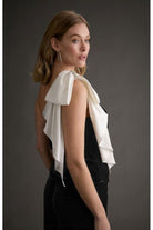 Muse for Maggy London One Shoulder Velvet Top with Satin Draped Bow in Black & White-Tops-Muse For Maggy London-Deja Nu Boutique, Women's Fashion Boutique in Lampasas, Texas