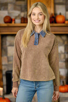 Mystree Denim Collar Washed Polo Shirt In Washed Brown-Tops-mystree-Deja Nu Boutique, Women's Fashion Boutique in Lampasas, Texas