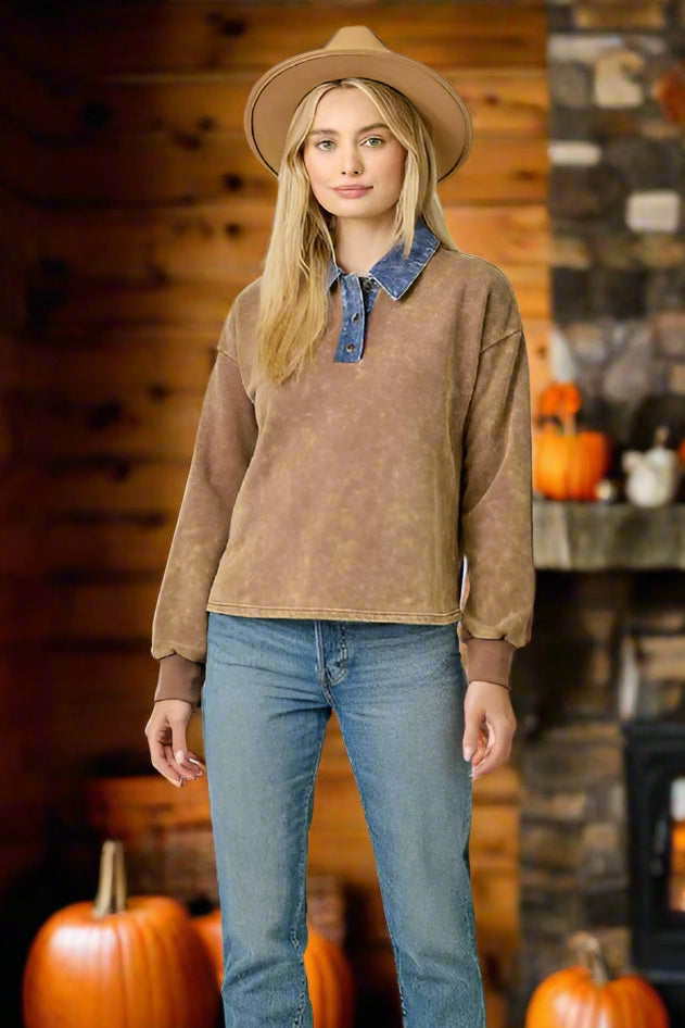 Mystree Denim Collar Washed Polo Shirt In Washed Brown-Tops-mystree-Deja Nu Boutique, Women's Fashion Boutique in Lampasas, Texas