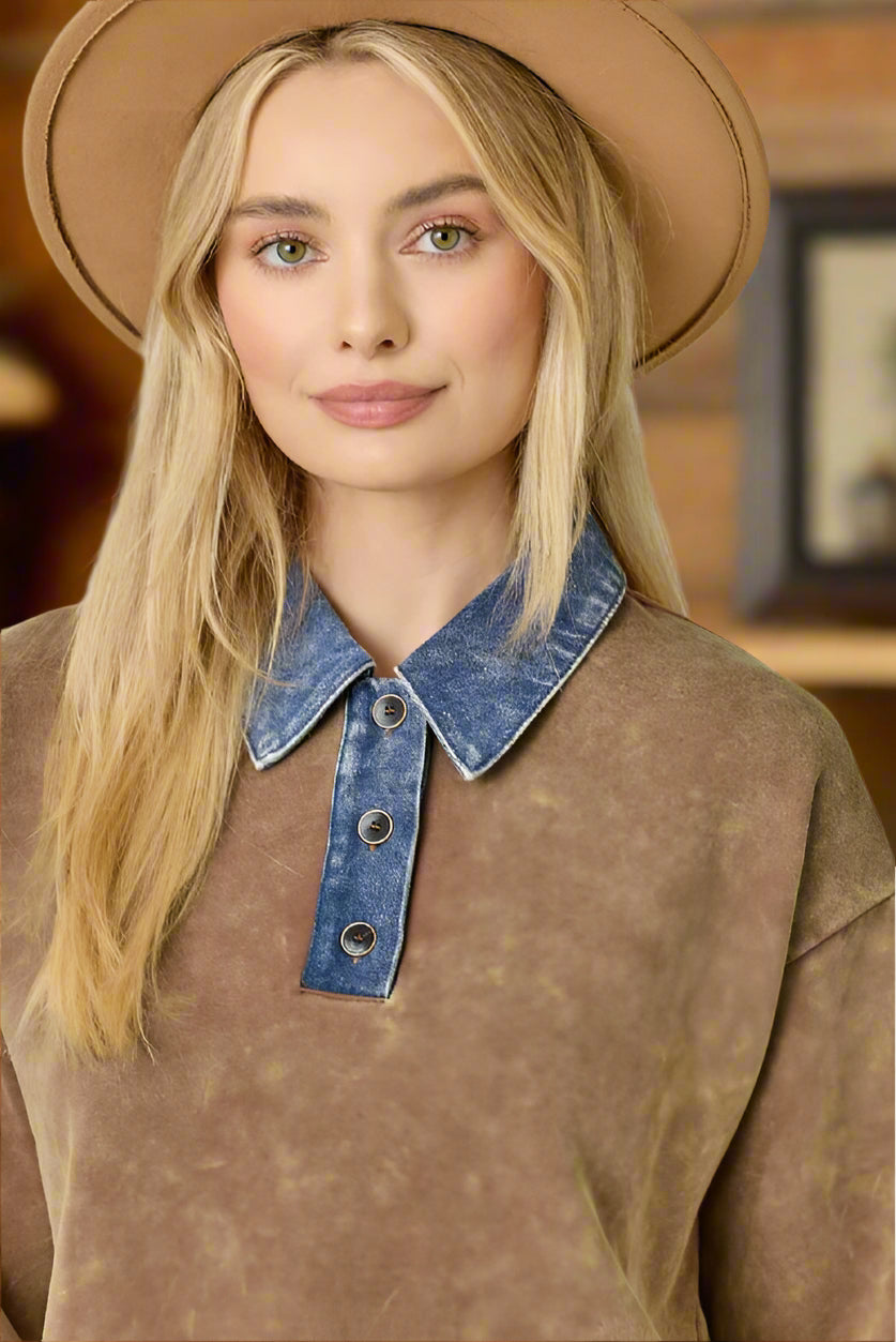 Mystree Denim Collar Washed Polo Shirt In Washed Brown-Tops-mystree-Deja Nu Boutique, Women's Fashion Boutique in Lampasas, Texas