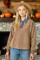 Mystree Denim Collar Washed Polo Shirt In Washed Brown-Tops-mystree-Deja Nu Boutique, Women's Fashion Boutique in Lampasas, Texas