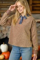 Mystree Denim Collar Washed Polo Shirt In Washed Brown-Tops-mystree-Deja Nu Boutique, Women's Fashion Boutique in Lampasas, Texas